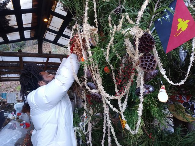 杉のツリーにかざりつけ